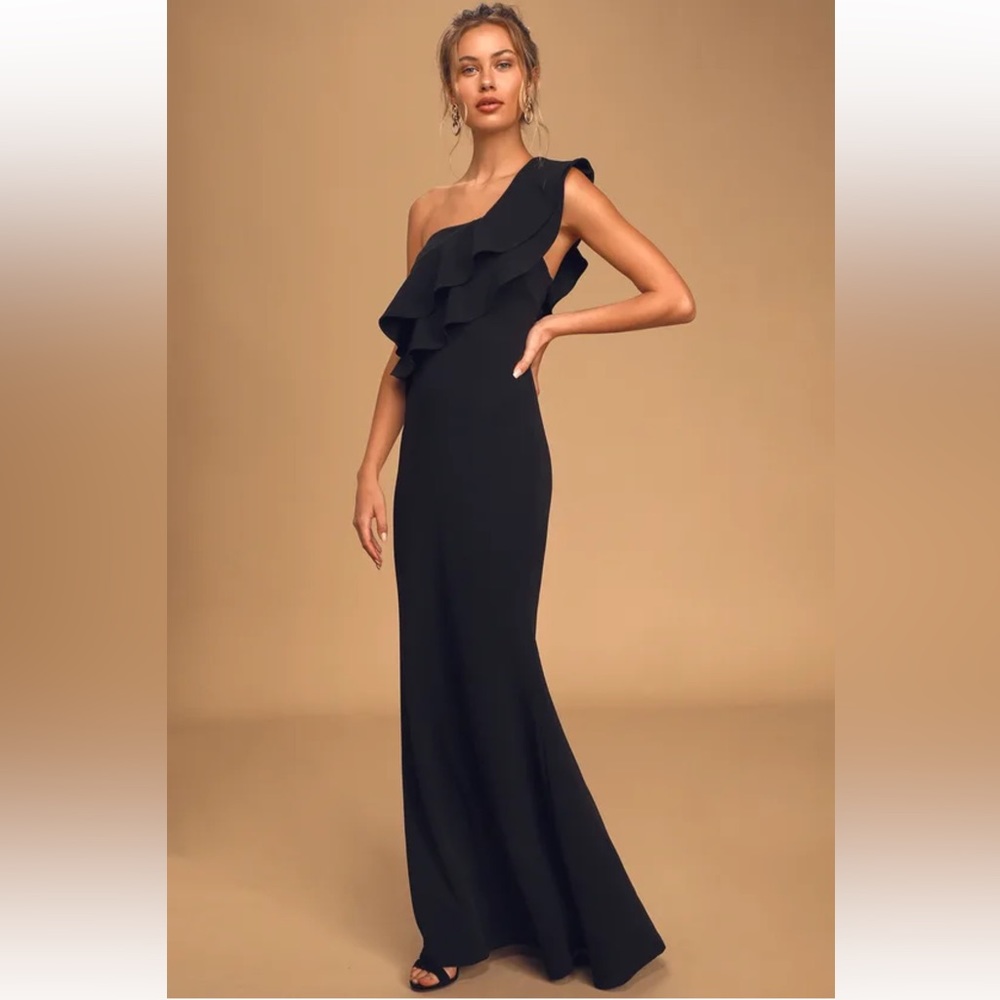 Lulu’s Grand Beauty Black Ruffled One-Shoulder Mermaid Maxi Dress Size Large